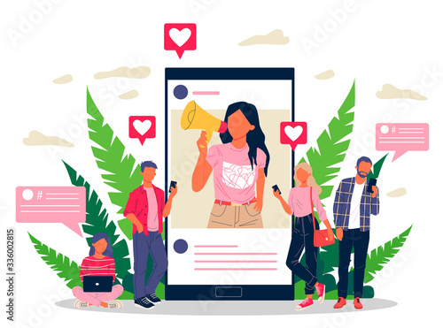 Blogger promoting goods and services for followers online vector illustration. Potential product consumers reading influencer advices. Online engagement communication business, digital marketing