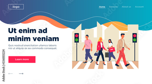 Pedestrians crossing city street. Zebra, crosswalk, traffic light flat vector illustration. Urban life, safety, rules concept for banner, website design or landing web page
