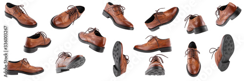 Cuadro en lienzo Classic brown men's oxfords shoes, with Derby type lacing, isolated on a white background in different angles and positions, casual shoes for office