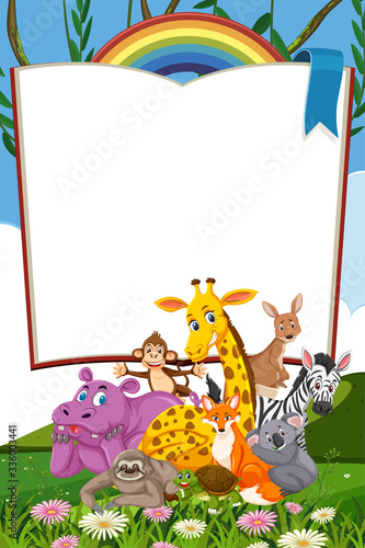Border template design with many wild animals in background