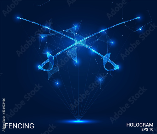 Hologram fencing. Swords for fencing from polygons, triangles of points and lines. Fencing is a low-poly compound structure. The technology concept.