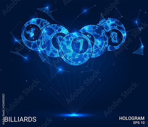 The billiard hologram. Billiard balls made of polygons, triangles of points and lines. Billiard is a low-poly connection structure. The technology concept.