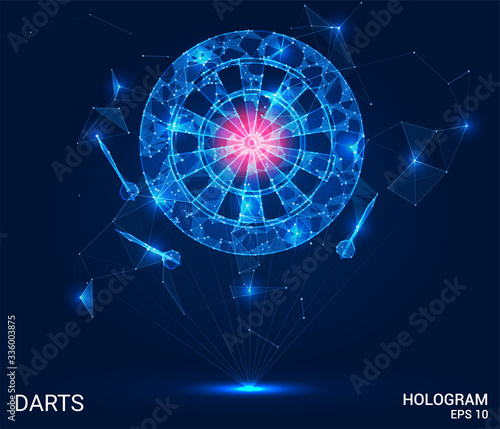 Hologram of Darts. Darts and a dartboard made of polygons, triangles of points and lines. Darts are a low-poly compound structure. The technology concept.