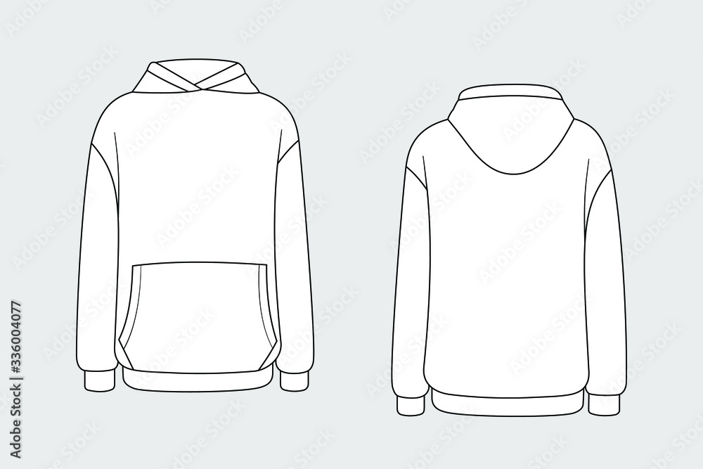 Hoodie vector template isolated on a grey background. Unisex, male, female  model. Front and back view. Outline fashion technical sketch of clothes  model. Stock Vector | Adobe Stock