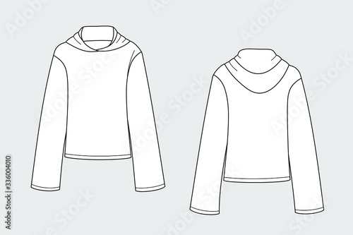 Hoodie female vector template isolated on a white background. Front and back view. Outline fashion technical sketch of clothes model.