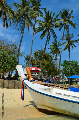 boat on the beach on the background of green palm trees in Thailand