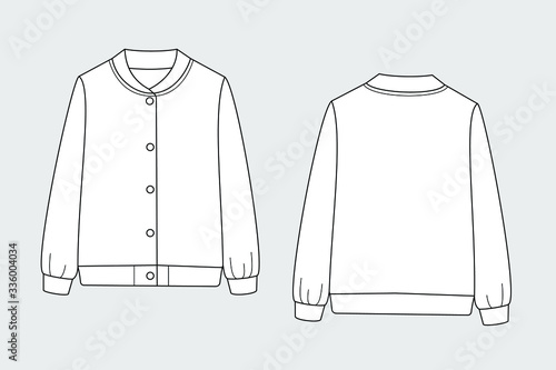 Bomber jacket vector template isolated set on a grey background. Unisex, male, female model. Front and back view. Outline fashion technical sketch of clothes model.