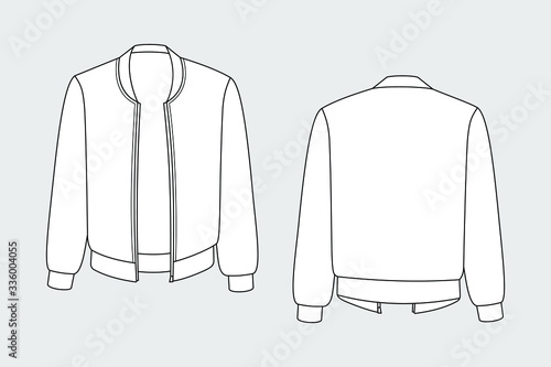 Jacket vector template isolated set on a grey background. Unisex, male, female model. Front and back view. Outline fashion technical sketch of clothes model.