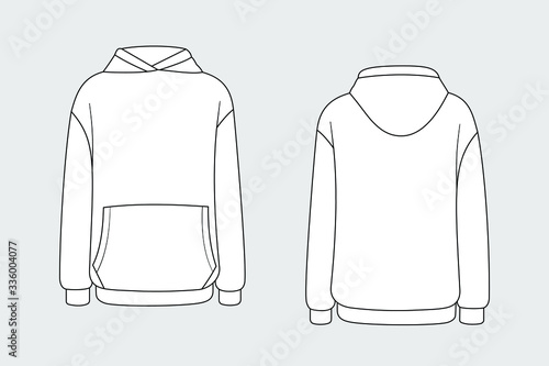 Hoodie vector template isolated on a grey background. Unisex, male, female model. Front and back view. Outline fashion technical sketch of clothes model.