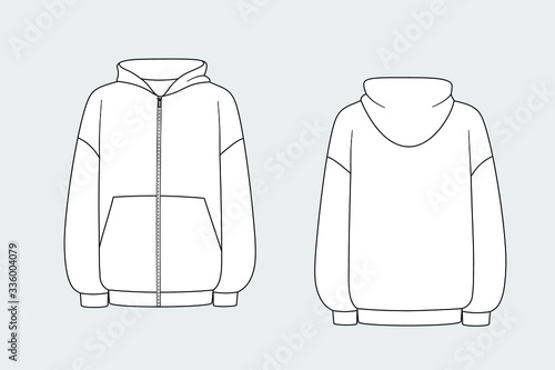 Sweatshirt with zipper vector template isolated on grey background. Unisex, male, female model. Front and back view. Outline fashion technical sketch of clothes model.