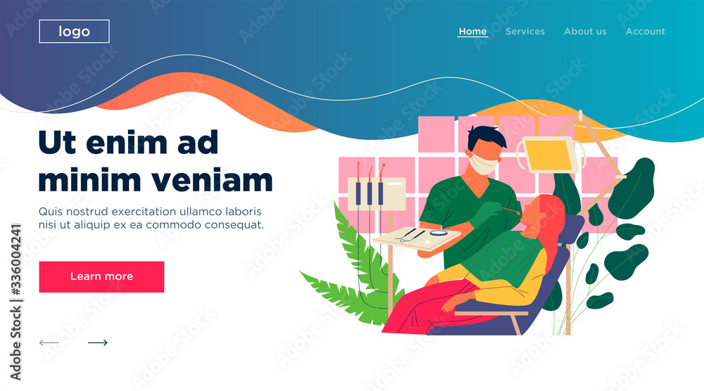 Naklejka premium Dentist examining patient teeth. Woman visiting dental practitioners flat vector illustration. Healthcare, dental care, dentistry concept for banner, website design or landing web page