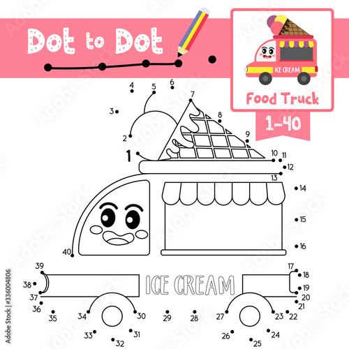 Dot to dot educational game and Coloring book Food Truck cartoon character side view vector illustration