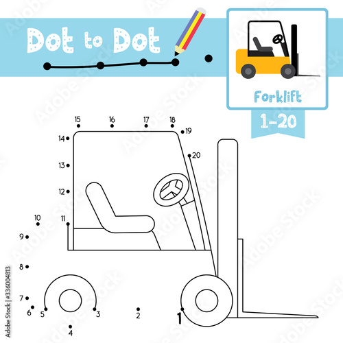 Dot to dot educational game and Coloring book Forklift cartoon character side view vector illustration