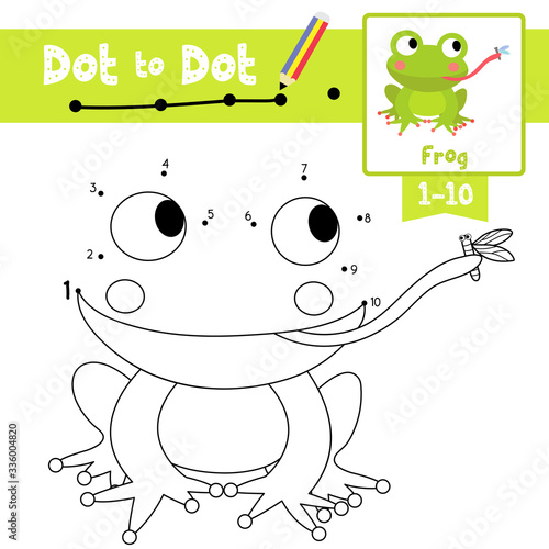 Dot to dot educational game and Coloring book Frog eating fly animal cartoon character vector illustration