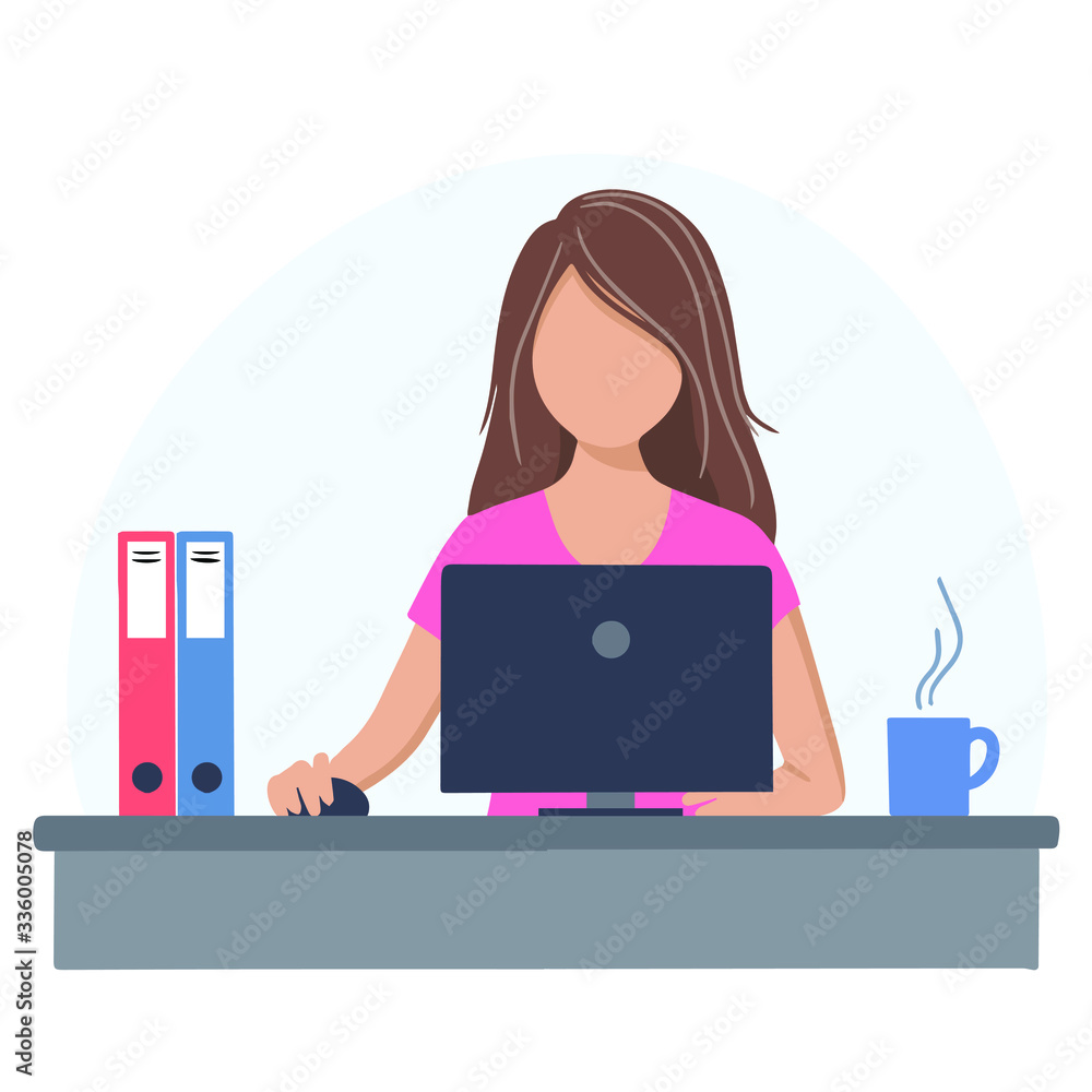 The girl is sitting at a table and working on a computer. Vector illustration in the flat design style. The girl is sitting at a table and working on a computer. Vector illustration in the flat design style.