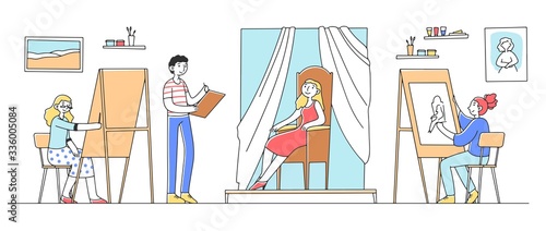 Beautiful female model sitting in chair and posing flat vector illustration. Young artists painting at art classroom on easels. Education and workshop concept.