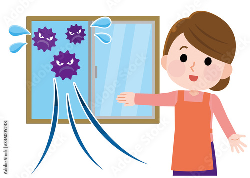 ウイルス　窓を開けて換気する　イラスト