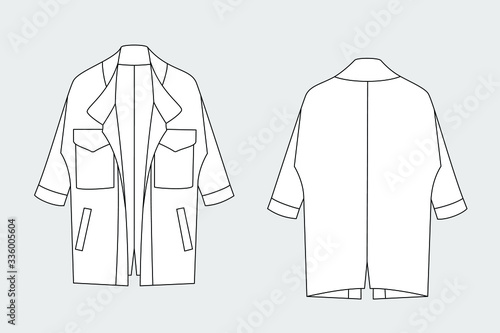 Coat vector template isolated on a grey background. Front and back view. Outline fashion technical sketch of clothes model.
