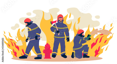 Firefighters vector illustration. Group of men in protective clothes with tools extinguishing fire. Firemen team for aid, safety, rescuing, training concept