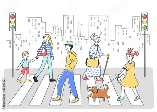 People walking through crosswalk to another side flat vector illustration. Pedestrians at road with cityscape at background. Human evolution theory lifestyle, traffic and city concept