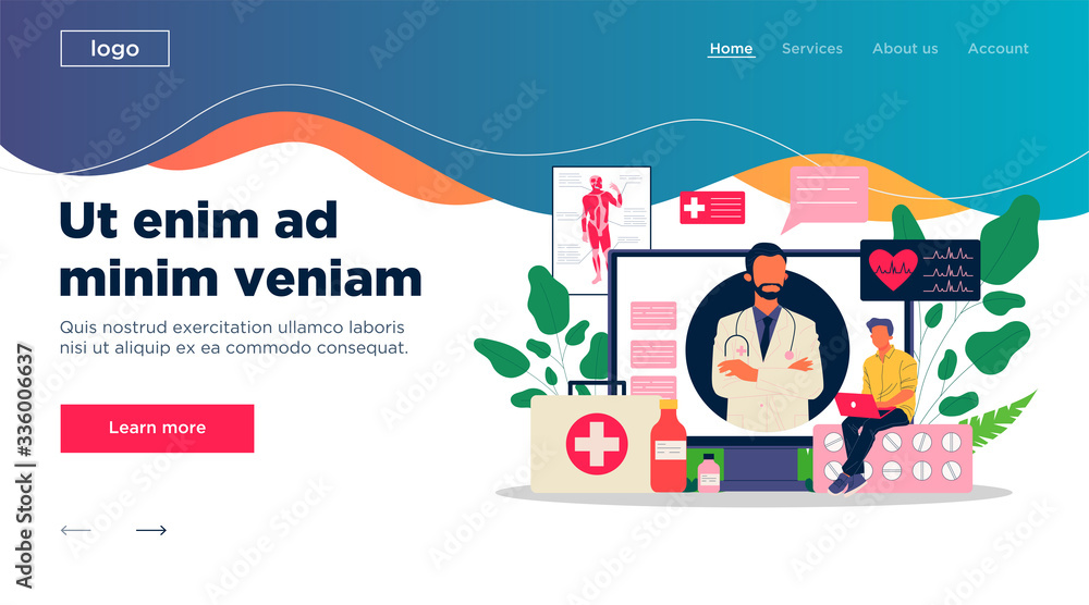 Naklejka premium Online doctor vector illustration. Young patient with laptop chatting with practitioner. Medical consulting app for healthcare, medicine, internet communication concept