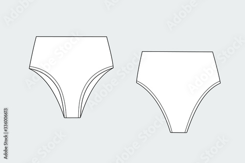 Lingerie briefs, underpants. Female vector template isolated on a grey background. Front and back view. Outline fashion technical sketch of clothes model.