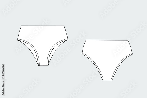 Lingerie briefs, underpants. Female vector template isolated on a grey background. Front and back view. Outline fashion technical sketch of clothes model.