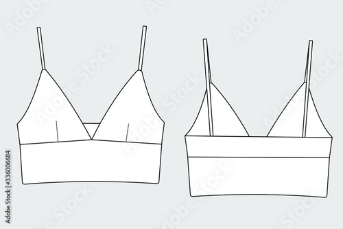 Lingerie bra female vector template isolated on a grey background. Front and back view. Outline fashion technical sketch of clothes model.