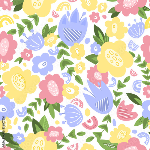 Floral seamless pattern - flowers and leaves hand drawn, surface design with botanical elements, colorful background with blossom for card, textile, wrapping or scrapbook paper - Vector illustration