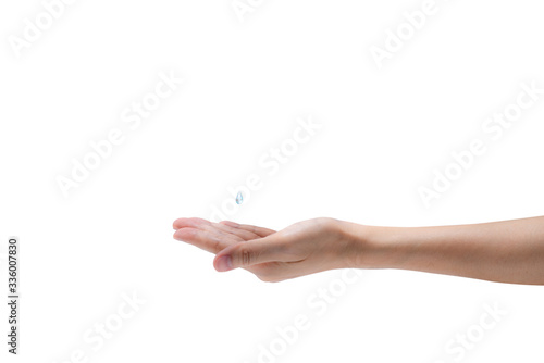 Hand with blue drop of alcohol gel isolated on white background. Hand sanitizer for cleaning and washing hand and for protects from germs, virus, and bacteria. Personal hygiene. Coronavirus protection