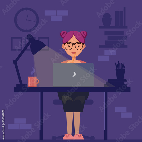 Freelancer working at night. Remote work. Young woman sitting in the room with laptop, working, surfing internet or networking. Programmer, designer, writer working at home.