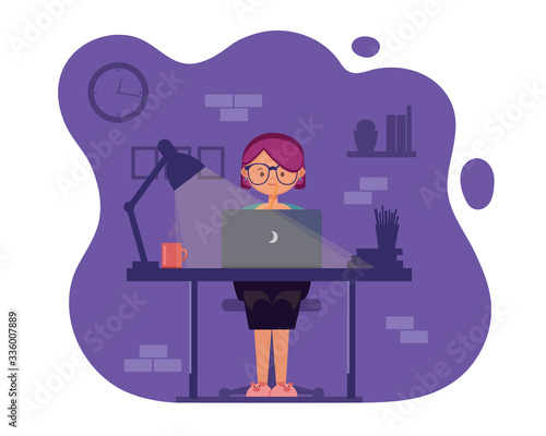 Freelancer working at night. Remote work. Young woman sitting in the room with laptop, working, surfing internet or networking. Programmer, designer, writer working at home.