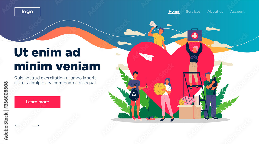 Fototapeta premium Volunteers vector illustration. Young people packing donation box with money, collecting garbage, taking care about animals near heart. Support community for social aid, charity, help concept