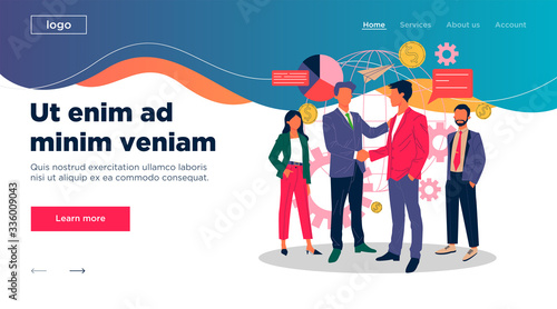 Global business partnership flat vector illustration. International teamwork, negotiation and success concept. Two partners shaking hands and making agreement.