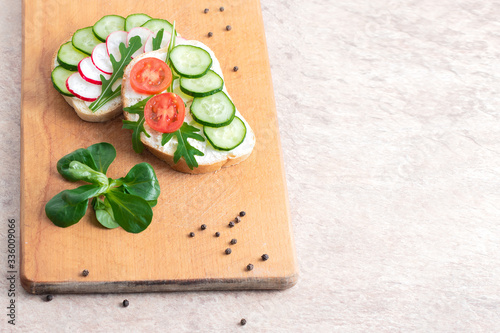 Vegan sandwiches with homemade curd cream with herbs, with radishes, cucumbers and tomatoes. On wooden cutting board.