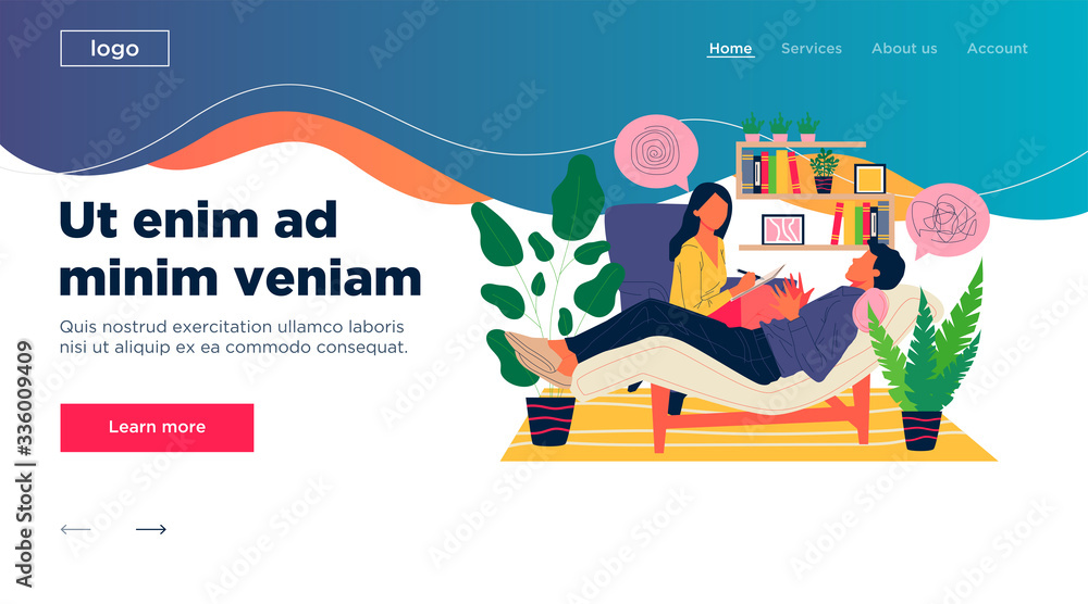 Fototapeta premium Patient counseling with psychologist vector illustration. Psychotherapy session concept with adult woman mental therapist. Man dealing with stress and depression