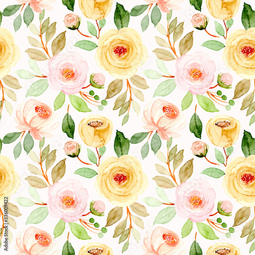 soft pink yellow watercolor floral seamless pattern