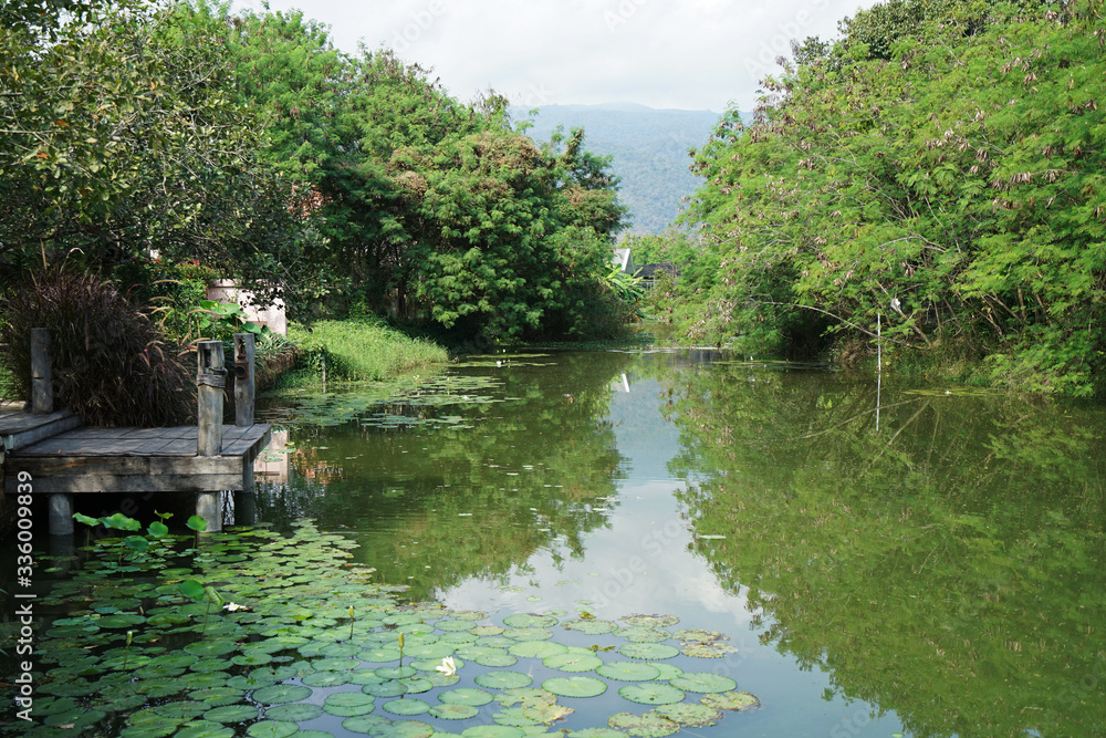 Natural lake view with green mountain park and cloudy sky Natural lake view with green mountain park and cloudy sky