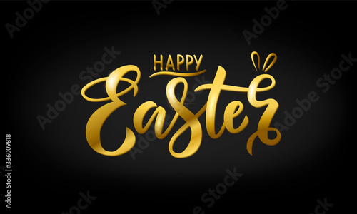 Hand drawn gold lettering happy Easter with bunny ears on a black background. Vector illustration for design of card, banner, logo, flayer, label, icon, badge, sticker