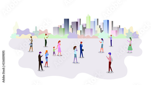 Group of different people with mobile phones and gadgets on city background. Set of man and woman characters use smartphone, Trendy persons crowd on street.