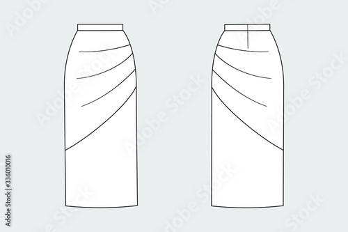 Female straight skirt vector template isolated on a grey background. Front and back view. Outline fashion technical sketch of clothes model.