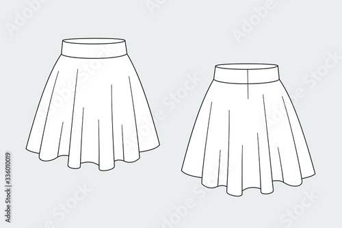 Female pleated skirt vector template isolated on a grey background. Front and back view. Outline fashion technical sketch of clothes model.