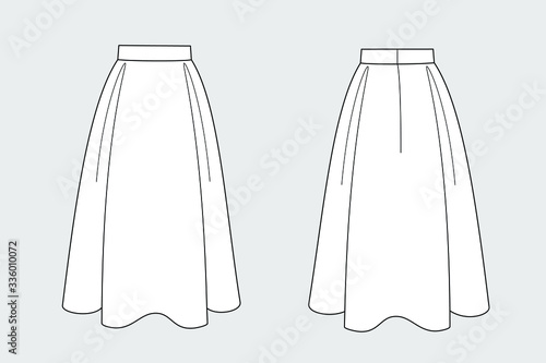 Female skirt vector template isolated on a grey background. Front and back view. Outline fashion technical sketch of clothes model.