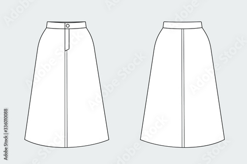 Female skirt vector template isolated on a grey background. Front and back view. Outline fashion technical sketch of clothes model.