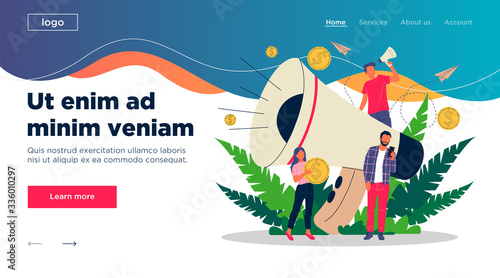 Business speaker shouting on megaphone vector illustration. Promoter attracting target buyers and clients. Promotion, marketing, and communication concept.