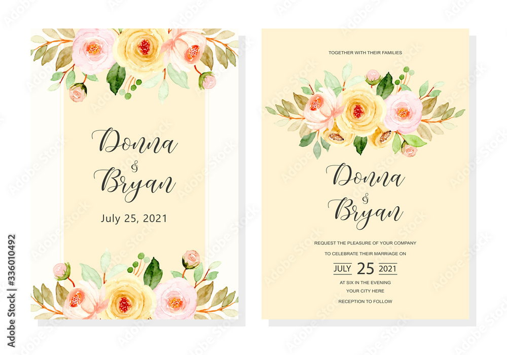Obraz wedding invitation card with yellow floral watercolor background