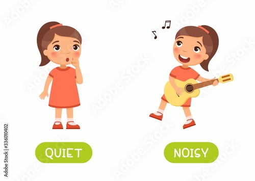 The little girl splaying guitar and the girl is silent. Illustration of opposites noisy and quiet. Card for teaching aid, for a foreign language learning. Vector cartoon illustration