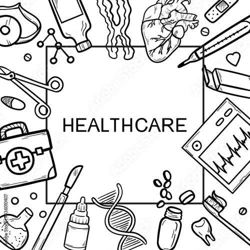 Healthcare and Medicine Vector illustration. Hand Drawn Doodle Drugs and Medical Products and Devices Background for your design