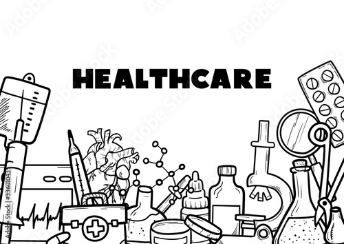 Healthcare and Medicine Vector illustration. Hand Drawn Doodle Drugs and Medical Products and Devices Background for your design