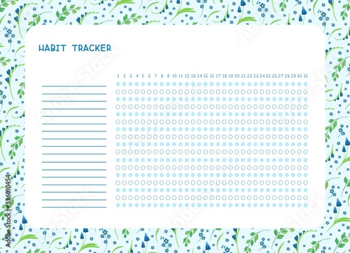 Habit tracker for month flat vector template. .Spring blue wild flowers themed blank, personal organizer with decorative frame. Summer season floral border with stylized lettering